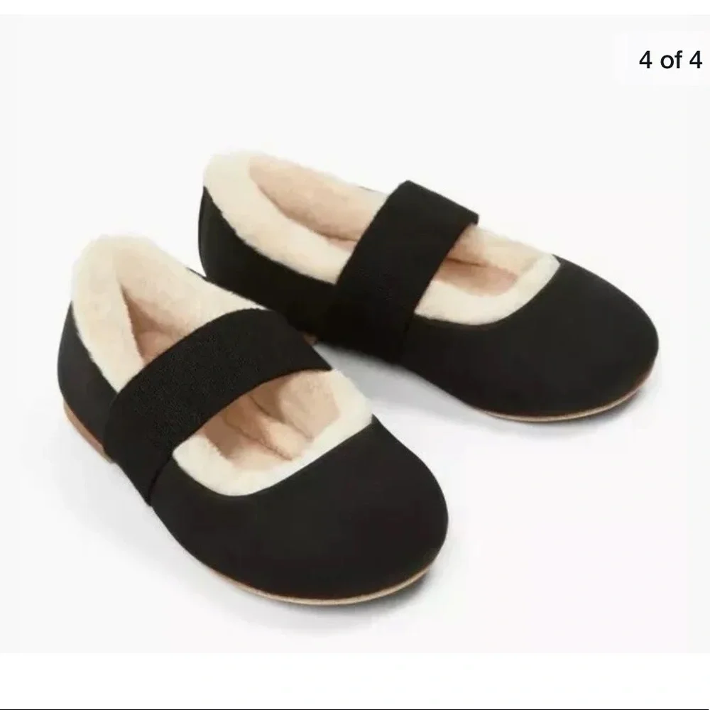 Zara Baby Girl Black Faux Fur Lined Ballet Slippers Cozy Soft Flats